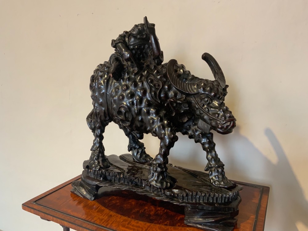 A large pair of Chinese carved  wood water buffalo View III