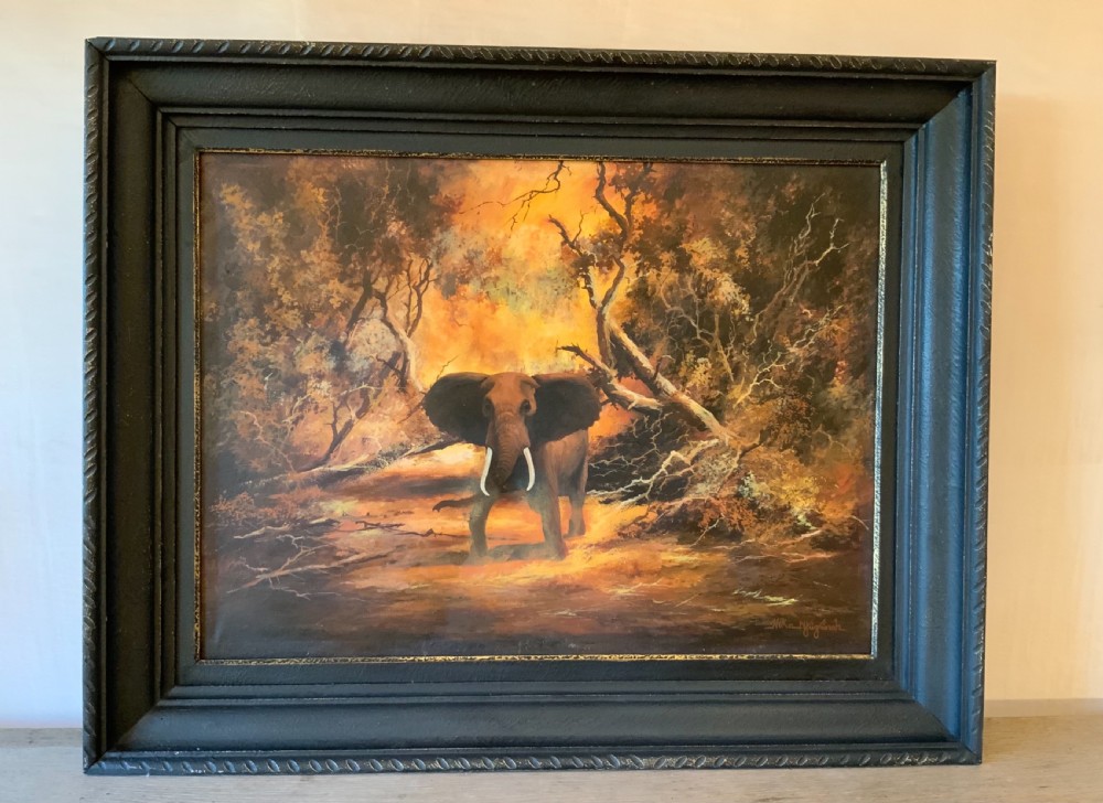 An oil painting on canvas a charging bull  elephant