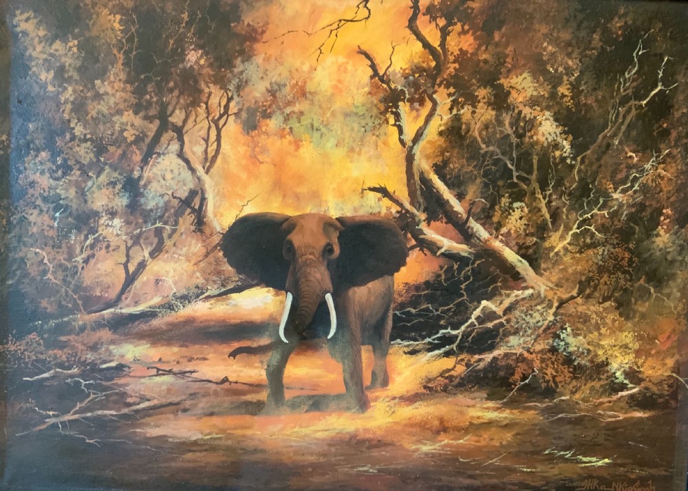 An oil painting on canvas a charging bull  elephant View II