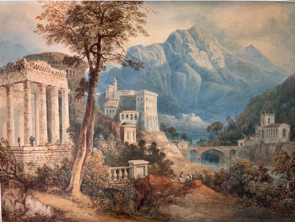 An antique 19th-century watercolour landscape by William Crouch depicting classical ruins, a bridge, and mountains, housed within a pink mount and an ornate gilt frame. View II