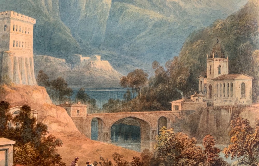 An antique 19th-century watercolour landscape by William Crouch depicting classical ruins, a bridge, and mountains, housed within a pink mount and an ornate gilt frame. View IV