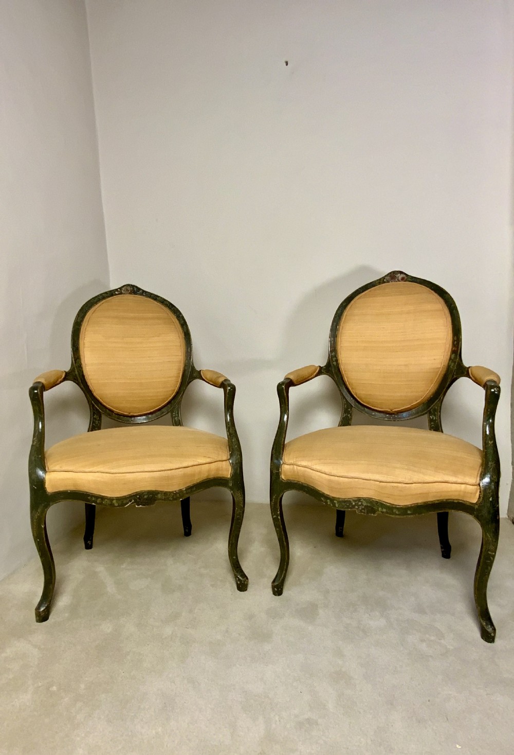 Pair of Georgian painted open arm chairs