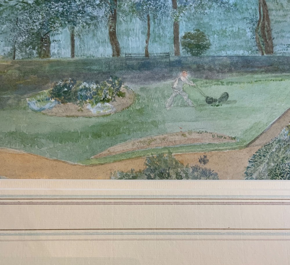 A panoramic watercolour painting depicting a river and manicured gardens in the foreground, expanding to fields and distant factory chimneys under a cloudy sky. View III