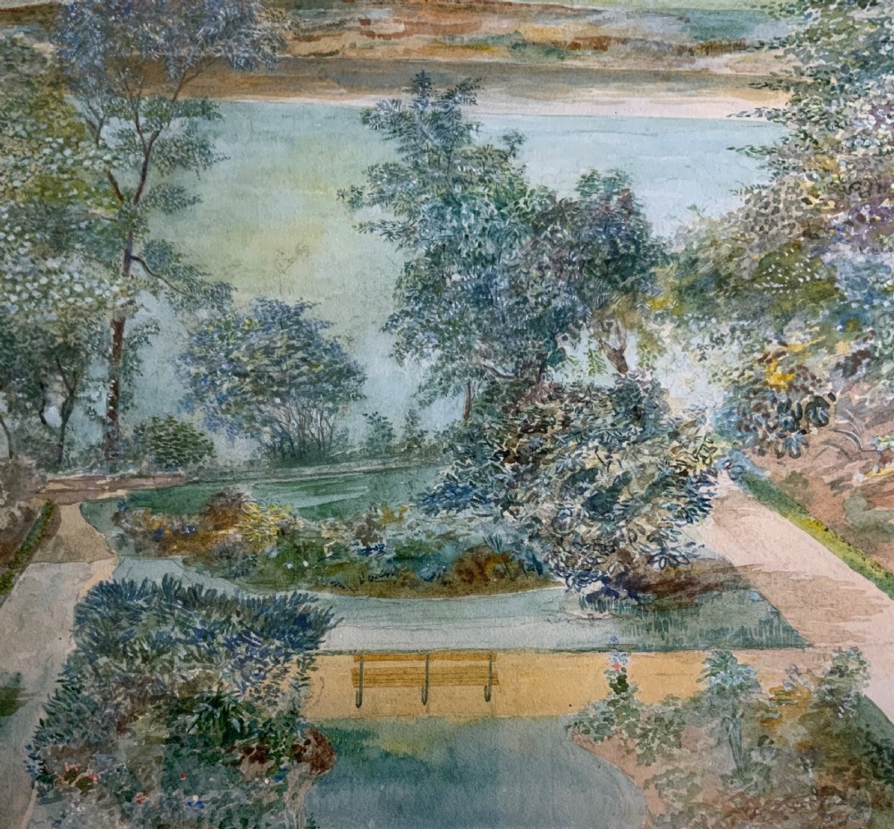 A panoramic watercolour painting depicting a river and manicured gardens in the foreground, expanding to fields and distant factory chimneys under a cloudy sky. View IV