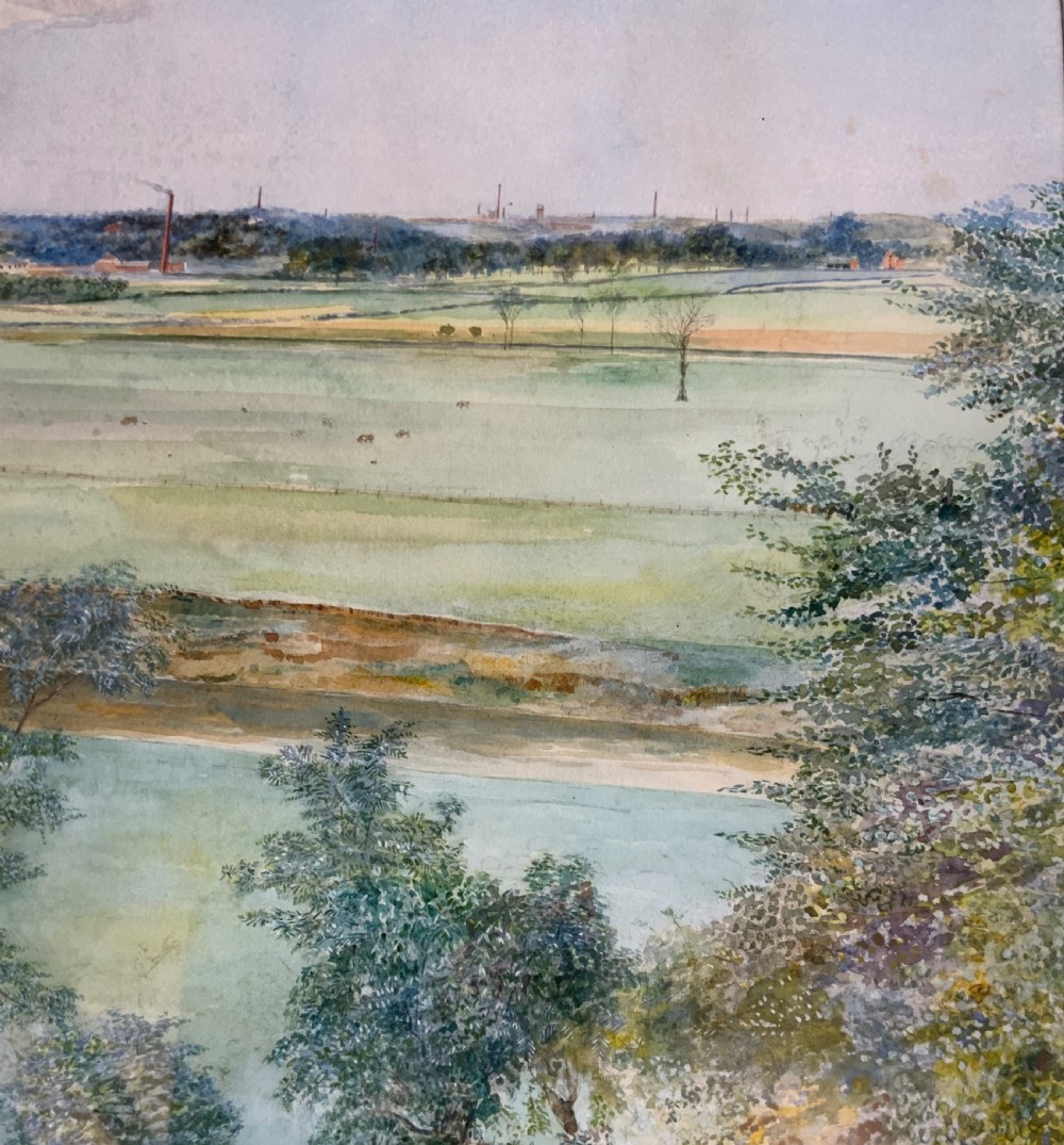 A panoramic watercolour painting depicting a river and manicured gardens in the foreground, expanding to fields and distant factory chimneys under a cloudy sky. View VIII