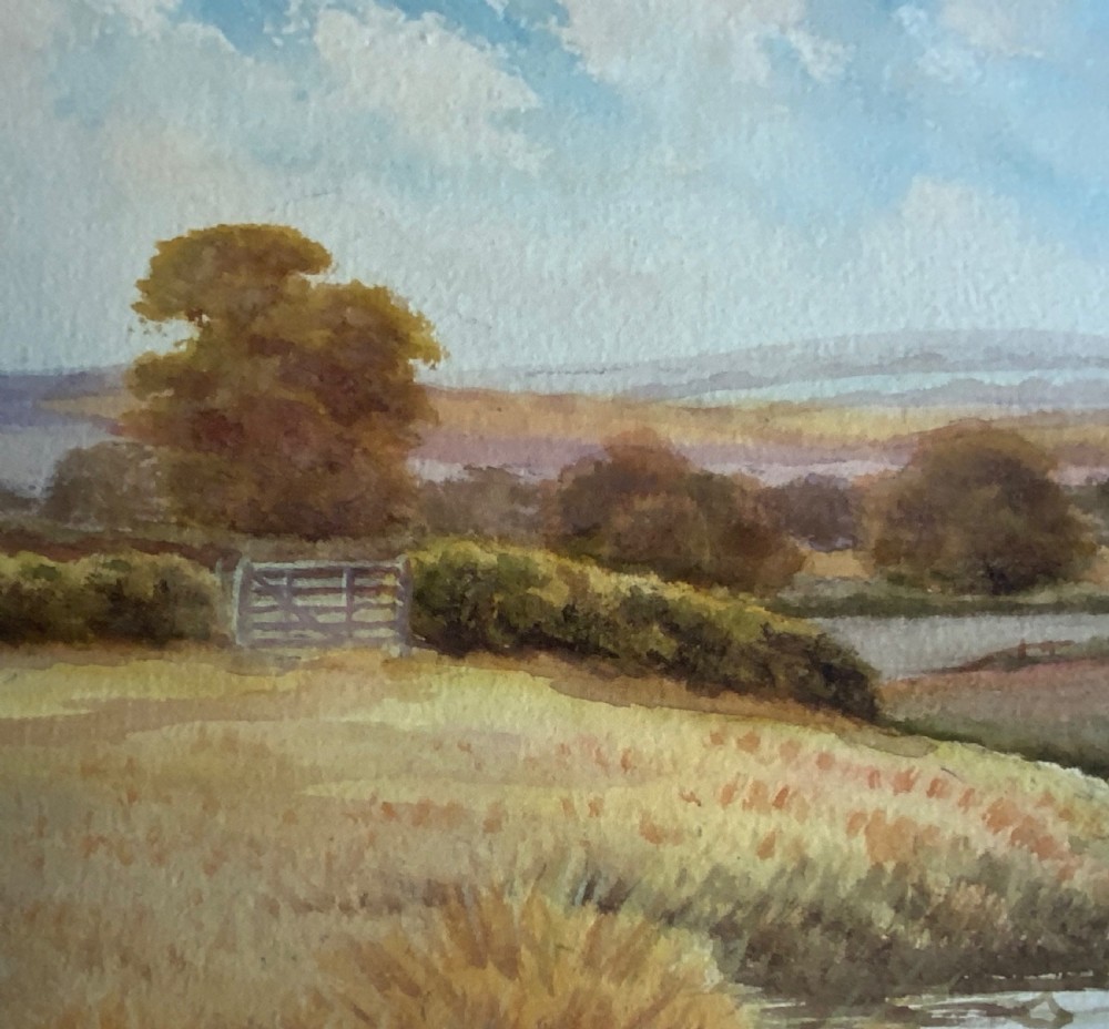 A pair of framed watercolour paintings depicting peaceful rural landscapes with rivers and trees, housed in gold-toned wooden frames. View VIII