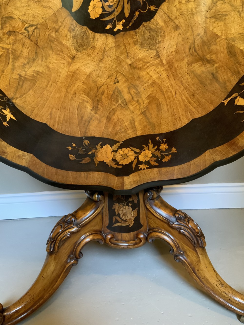 Marquetry walnut centre table in the manner of Edward Holmes Baldock View X