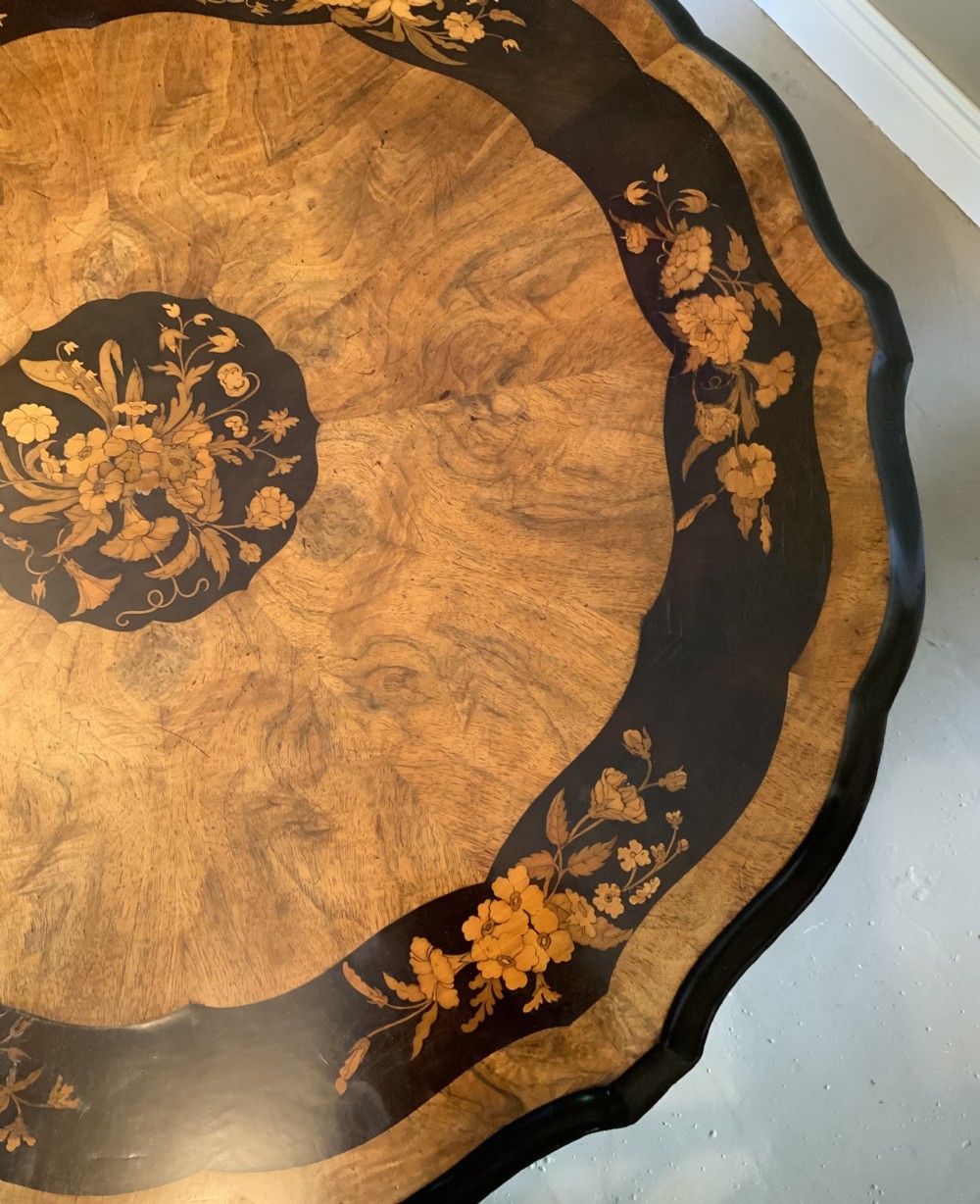 Marquetry walnut centre table in the manner of Edward Holmes Baldock View XII