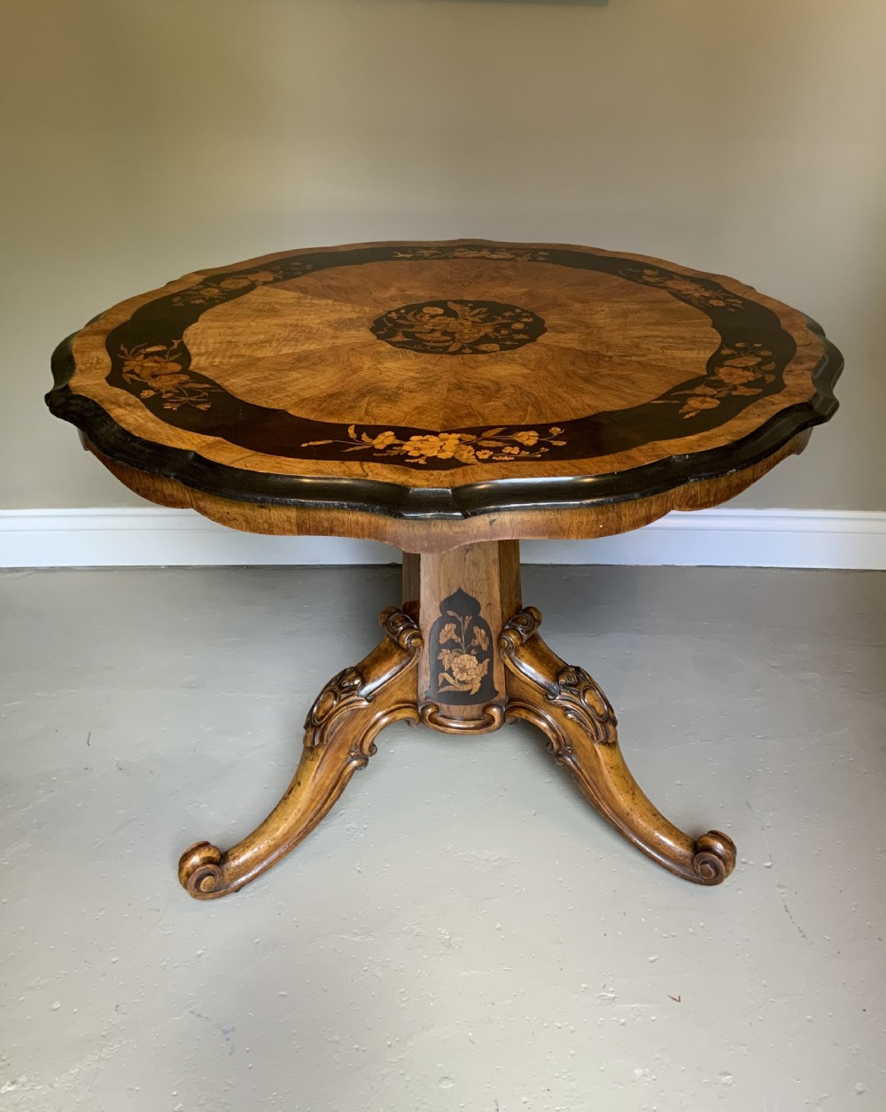 Marquetry walnut centre table in the manner of Edward Holmes Baldock View IX