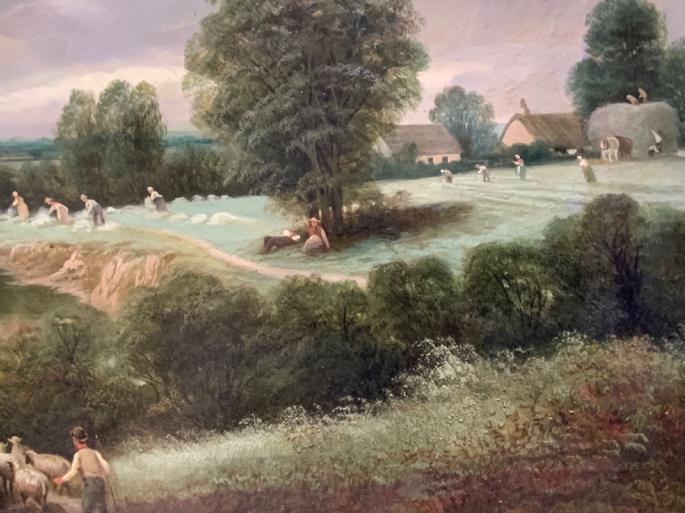 An antique 19th-century pastoral oil painting on canvas showing a shepherd driving sheep along a riverbank, set within an ornate gilded frame. View VII