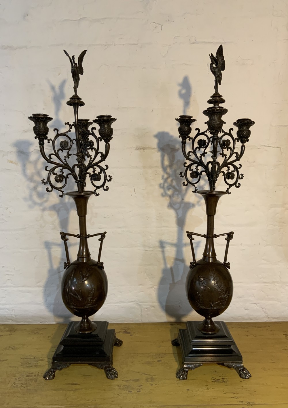 A large pair of 19th century bronze candelabra 