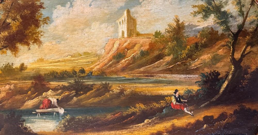 A pair of framed Italian capriccio oil paintings depicting pastoral landscapes with architectural ruins. View III