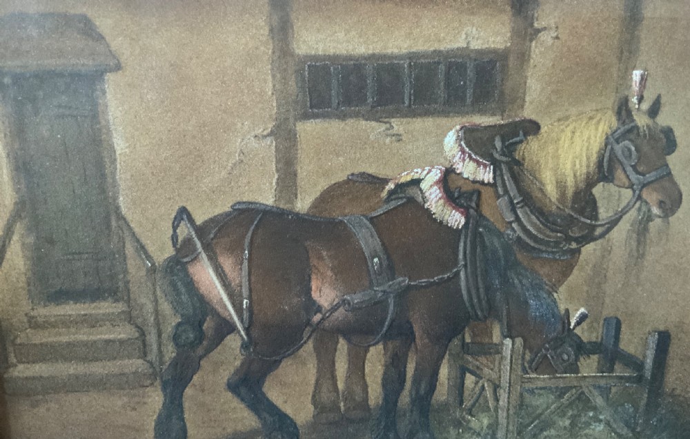 A mid-19th-century sand picture depicting two harnessed horses in a barn yard within a gilded moulded frame. View II
