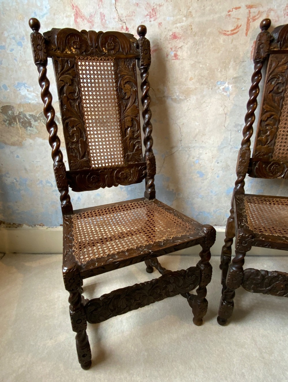A pair of charles II walnut side chairs View II