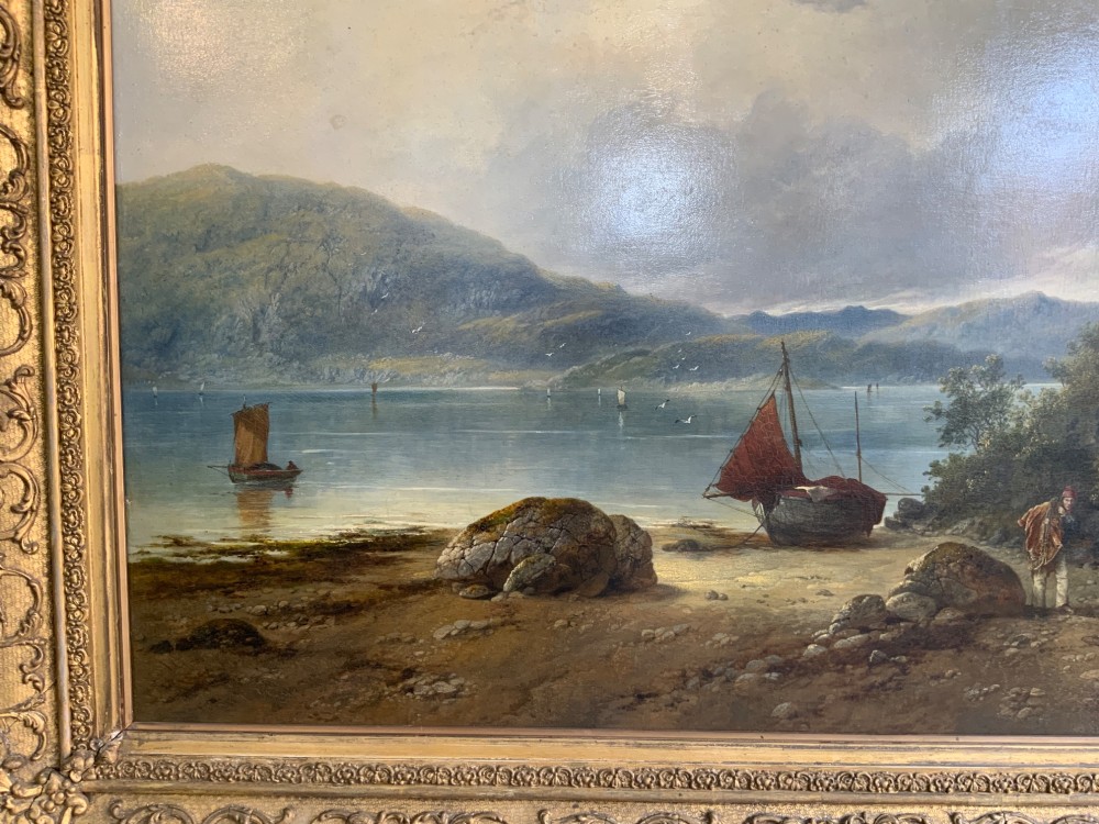 A 19th-century oil painting on canvas showing a coastal shoreline with sailing vessels, framed in an ornate gilded gesso frame. View VIII