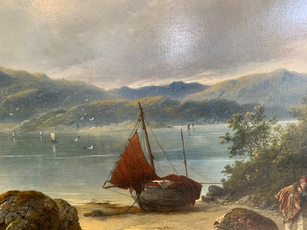 A 19th-century oil painting on canvas showing a coastal shoreline with sailing vessels, framed in an ornate gilded gesso frame. View IX