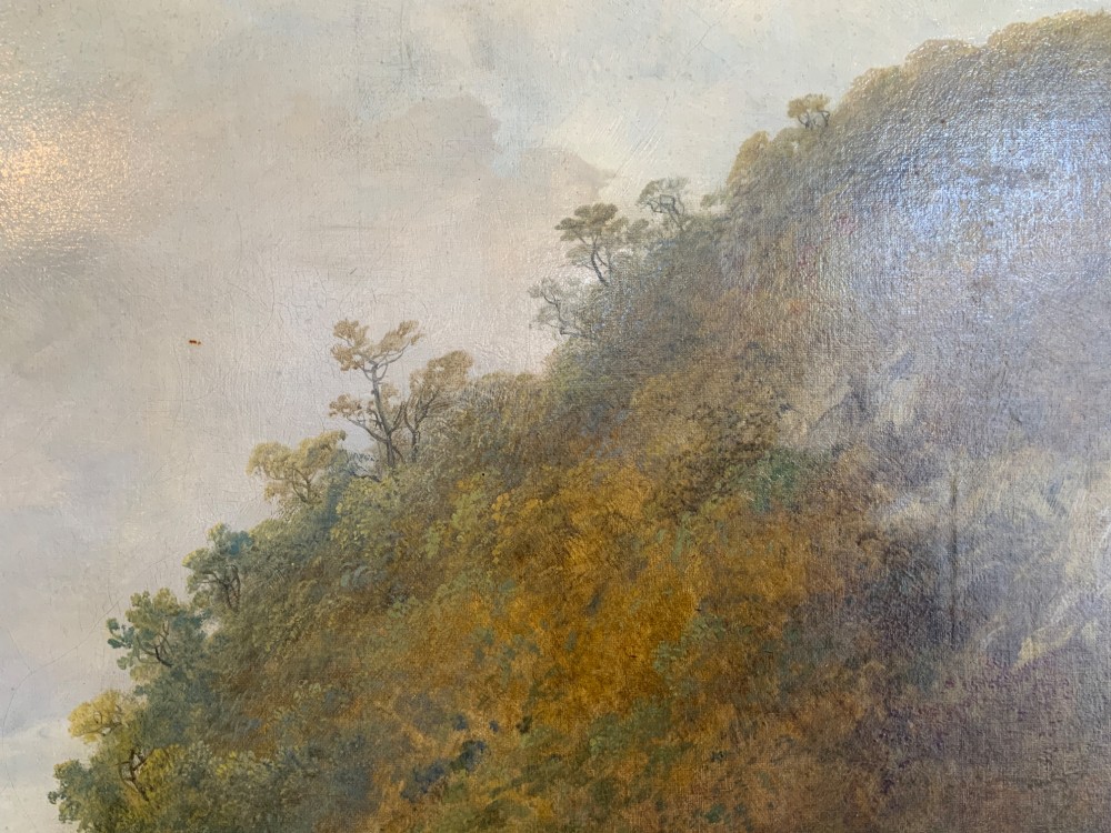 A 19th-century oil painting on canvas showing a coastal shoreline with sailing vessels, framed in an ornate gilded gesso frame. View X