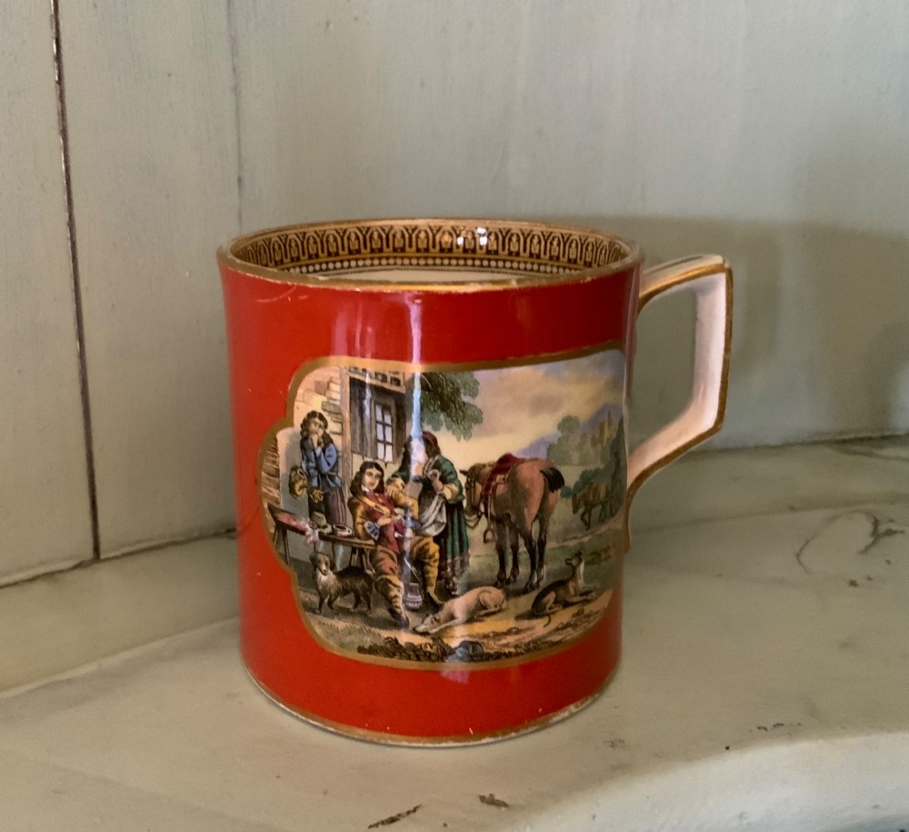 A twelve-piece collection of Victorian English Staffordshire Prattware ceramics including plates, mugs, and dishes with transfer-printed pictorial scenes and pink and gold borders. View IX