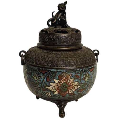 Antique 19th Century Chinese Bronze Cloisonne Censer Qilin Lion Qing Tripod 20cm