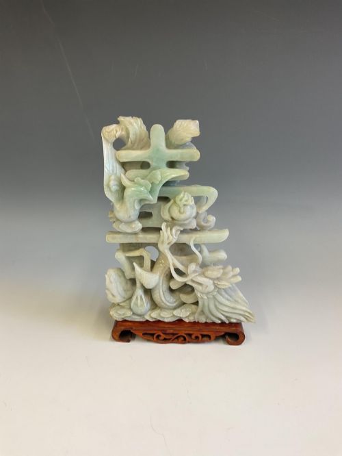 Chinese Carved Jade Dragon & Phoenix Group on Hardwood Stand, C.1950–1970