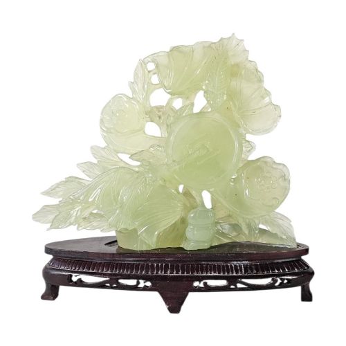 Large Chinese Xiuyan Jade Carving Lotus Cash Coin Auspicious Foliage 1.6kg 26cm