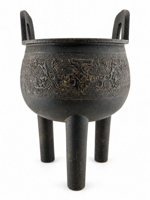 Large Chinese Qing Archaistic Bronze Ding Tripod Censer with Taotie Decoration 30cm