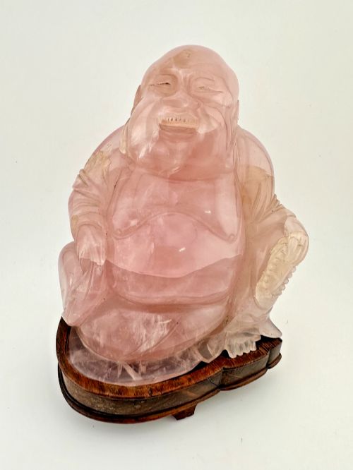 Large Antique Chinese Rose Quartz Budai Laughing Buddha Qing C1900 Wooden Stand 14cm