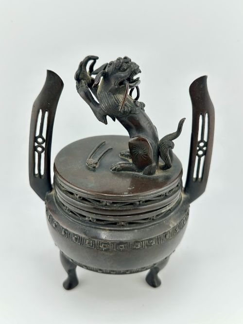 Antique Chinese Bronze Tripod Censer & Cover Qilin Finial Late Qing C.1880-1920