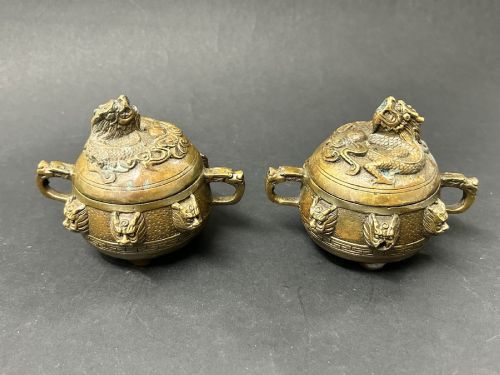 Pair Chinese Bronze Dragon Censers with Qianlong Marks, Late Qing C.1900