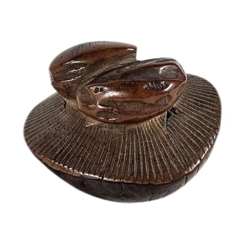 fig 2. A 19th-century Japanese carved boxwood netsuke depicting a snail resting on the cap of a ribbed mushroom.