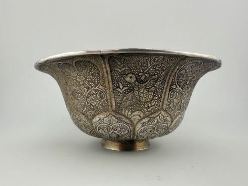 Antique Oriental Chinese Export White Metal Bird & Floral Bowl C.1900
