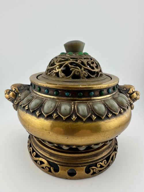Antique Chinese Bronze Hardstone Inlaid Censer Cover & Stand C.1900