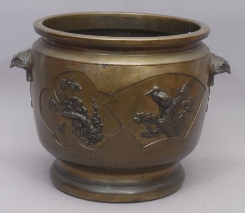 Antique Japanese Meiji Bronze Hibachi Jardiniere Mixed Metal Birds Kabuto C.1890