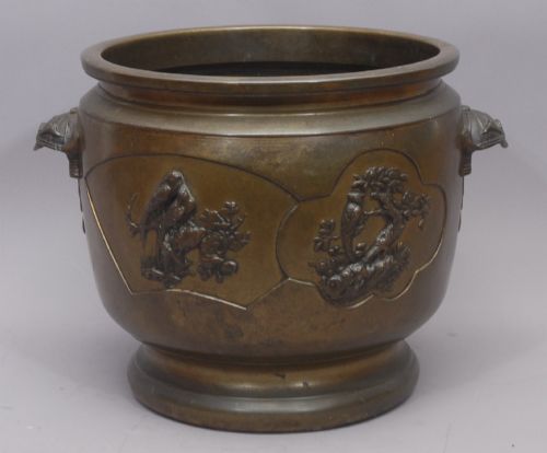 fig 1. Antique Japanese Meiji Bronze Hibachi Jardiniere Mixed Metal Birds Kabuto c.1890