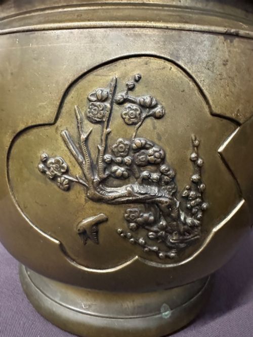 fig 2. Antique Japanese Meiji Bronze Hibachi Jardiniere Mixed Metal Birds Kabuto c.1890