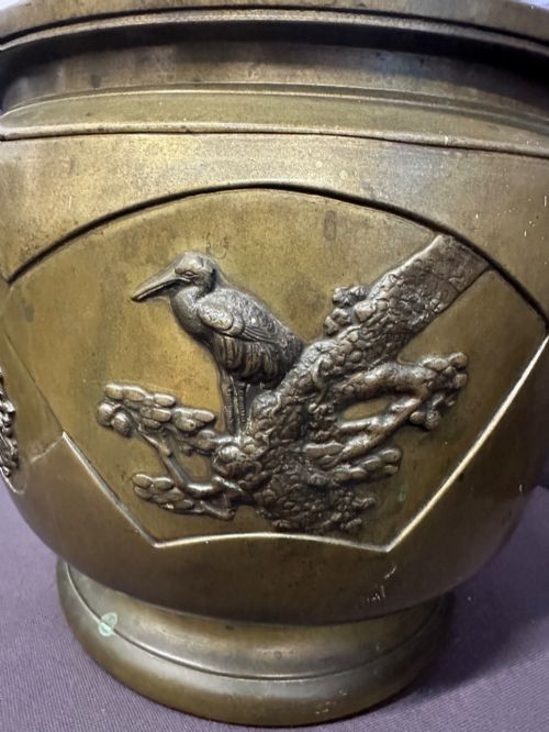 fig 3. Antique Japanese Meiji Bronze Hibachi Jardiniere Mixed Metal Birds Kabuto c.1890