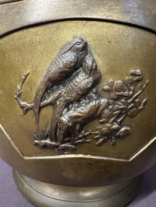 fig 4. Antique Japanese Meiji Bronze Hibachi Jardiniere Mixed Metal Birds Kabuto c.1890