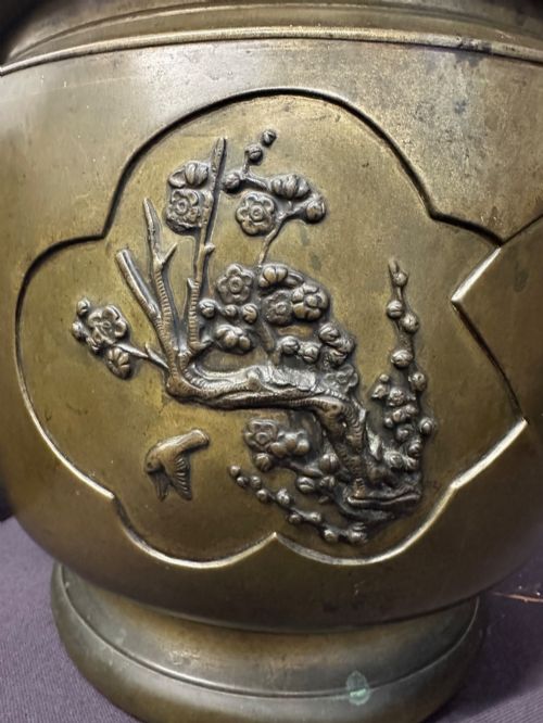 fig 5. Antique Japanese Meiji Bronze Hibachi Jardiniere Mixed Metal Birds Kabuto c.1890
