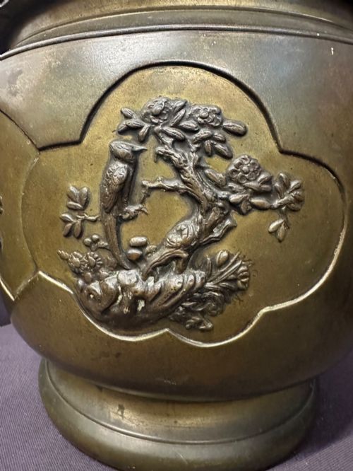 fig 7. Antique Japanese Meiji Bronze Hibachi Jardiniere Mixed Metal Birds Kabuto c.1890