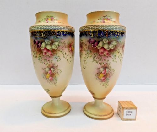 Pair Antique W&r Carlton Ware Blush Ivory Floral Pedestal Vases C.1910