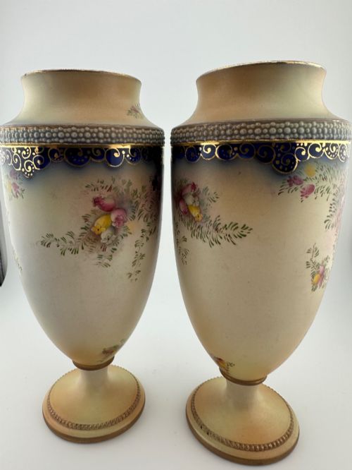 fig 1. Pair Antique W&R Carlton Ware Blush Ivory Floral Pedestal Vases c.1910