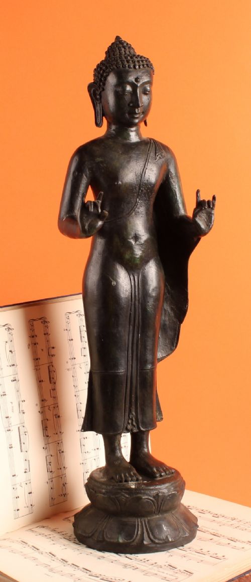 Antique Thai Rattanakosin Bronze Standing Buddha Double Mudra 19th Century 56cm