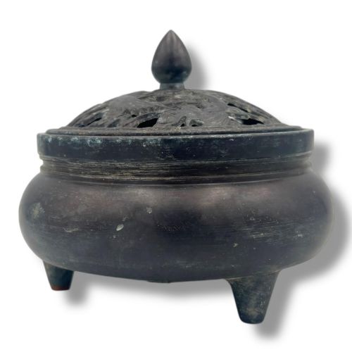 Antique Chinese Bronze Tripod Censer Dragon Phoenix Lid Xuande Mark C.1900