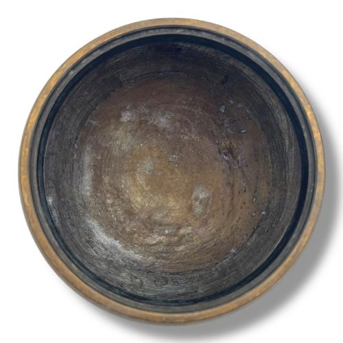 fig 4. A Chinese bronze tripod censer featuring a compressed circular body, three tapered feet, and a reticulated lotus lid topped with a pointed finial.
