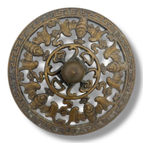 fig 5. A Chinese bronze tripod censer featuring a compressed circular body, three tapered feet, and a reticulated lotus lid topped with a pointed finial.