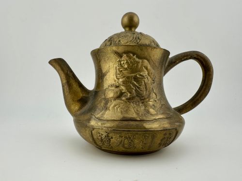 Antique Chinese Brass Bronze Teapot Dragon Phoenix Immortal Fu Mark C.1900