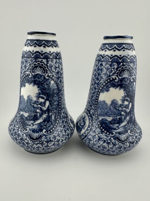 Antique Pair Royal Bonn Franz Anton Mehlem Louis XVI Blue White Vases C.1900