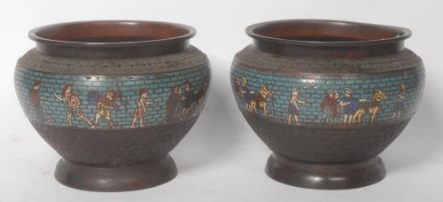 Pair Antique Chinese Export Bronze Champleve Enamel Greco Roman Cachepots C.1920