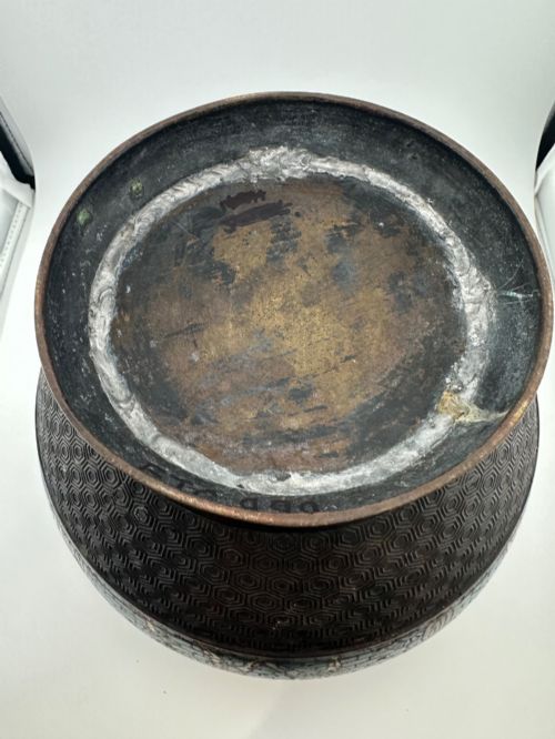 fig 4. A pair of round dark bronze cachepots featuring a wide band of turquoise champleve enamel decorated with Greco-Roman figures.