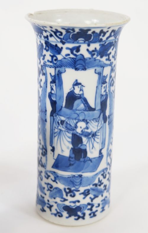 fig 3. A set of three 19th-century Chinese blue and white porcelain vases featuring hand-painted floral motifs and figurative scenes.